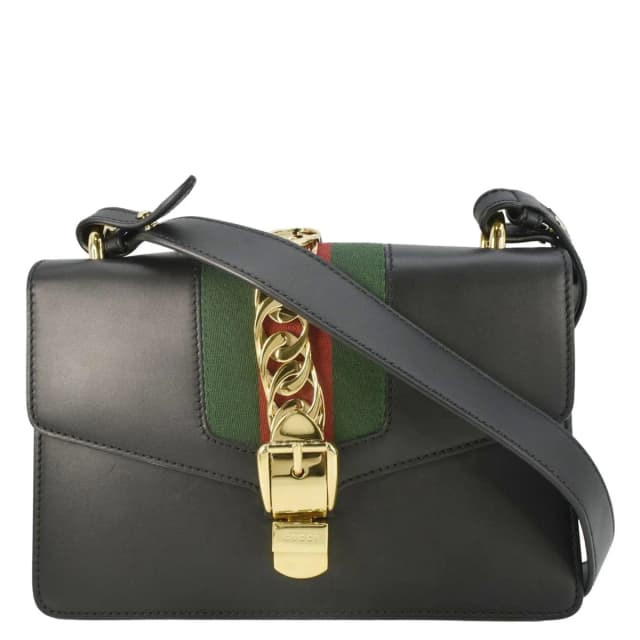 Gucci Sylvie Small Web Leather Shoulder Bag Black 421882 in Black Leather from Dallas Designer Handbags, photo 1 of 1
