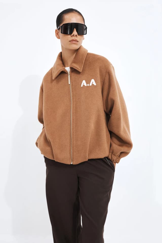 Athletica Varsity Bomber Jacket in CARAMEL, image 1 of 1 from Aje