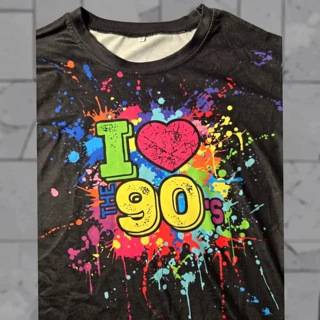 Etro I Heart The 90s Graphic T-Shirt Adult 1XL Black Multicolor Neon Paint Splatter Retro Party Tee… in multicolor from Grailed, photo 1 of 1