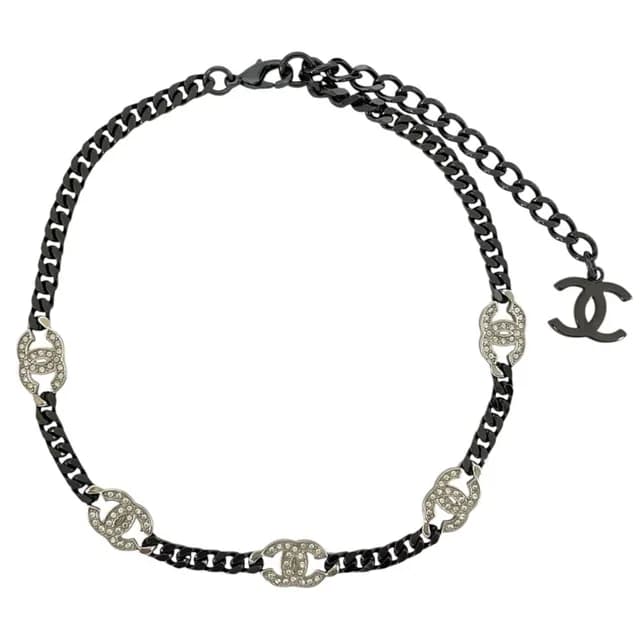 Chanel Choker Chain Pendant CC Logo Rhinestone Gunmetal Black Silver Necklace in Black from The Reluxe, photo 1 of 1