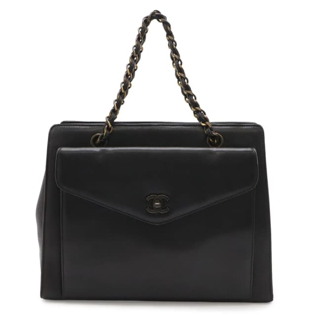 Chanel Chain Handle Tote Bag Leather Black Gold Vintage in Black Leather from The Reluxe, photo 1 of 1