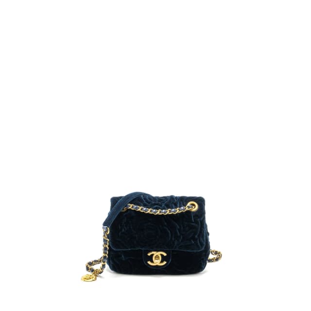 Chanel Camellia Embossed Mini Square Flap Bag Velvet Navy GHW (microchip) in Navy Velvet from EMIER, photo 1 of 1