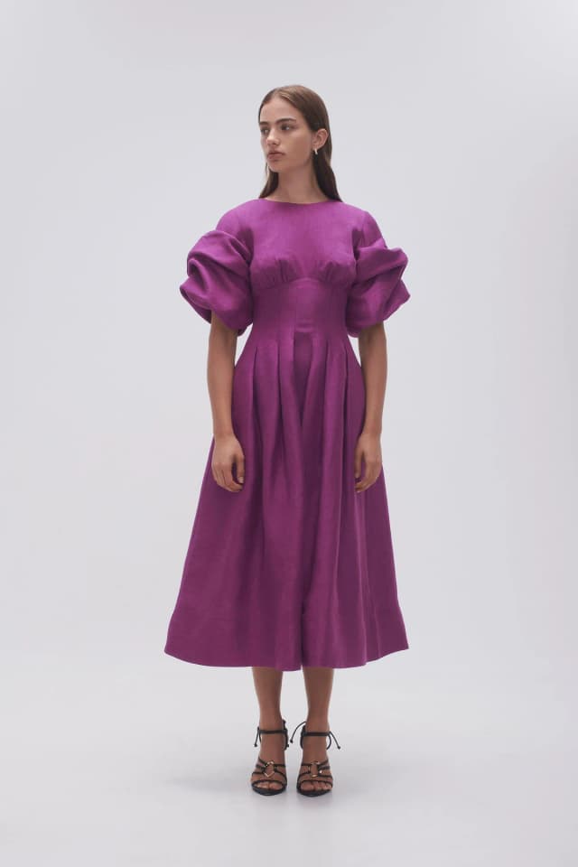 AJE Adelie Puff Sleeve Midi Dress in PLUM PURPLE, image 1 of 1 from Aje