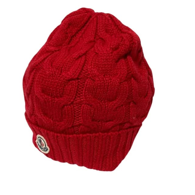 Moncler Cable Knit Wool Logo Patch Cap L Red Spring Summer Fall Winter Hat in Red Wool from The Reluxe, photo 1 of 1