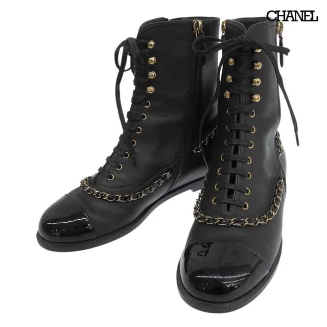 Chanel CC Logo Leather Short Boots Chain Double Zip Lace Up Black 37 in Black Leather from The Reluxe, photo 1 of 1