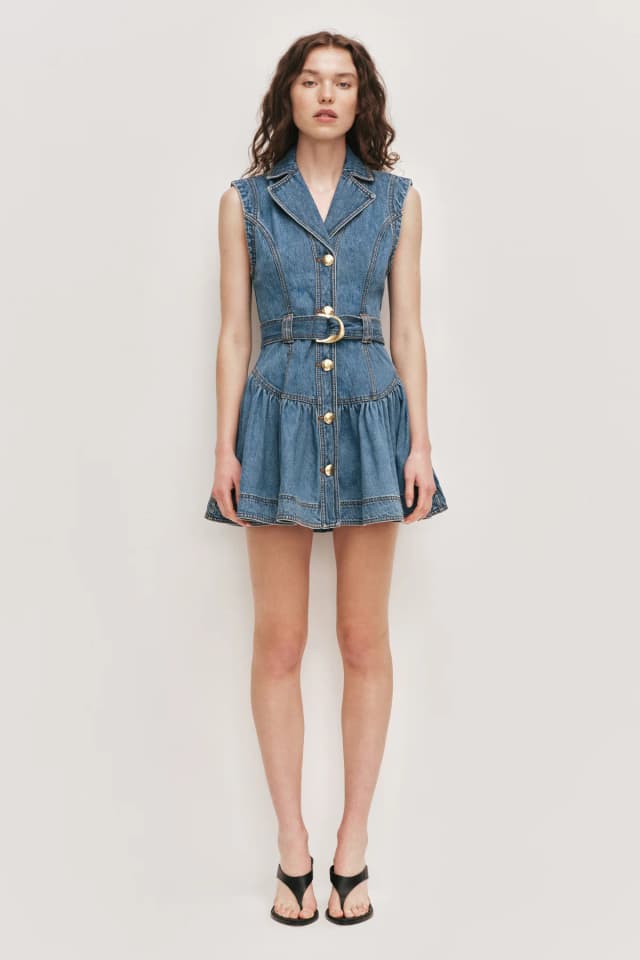 AJE Liliana Belted Denim Mini Dress in 90'S WASH, image 1 of 1 from Aje