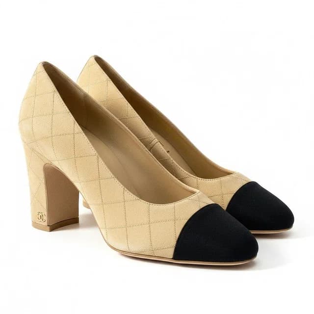 Chanel G1 Gold Rhinestone Quilted Chunky Heel Bicolor Pumps Beige in Beige from The Reluxe, photo 1 of 1