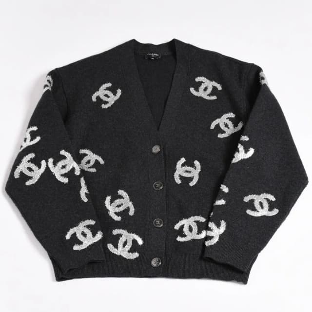 Chanel Knit Cardigan CC Logo Glitter Charcoal 38 in Cashmere from The Reluxe, photo 1 of 1