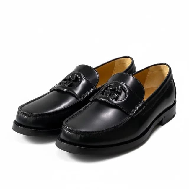 Gucci E4 Interlocking GG Logo Loafers Shoes Dress Slip Ons Black Leather 8.5 in Black Leather from The Reluxe, photo 1 of 1