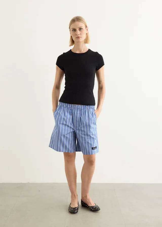HOMMEGIRLS Long Boxer Shorts in Blue Porto Stripe, image 1 of 1 from Incu