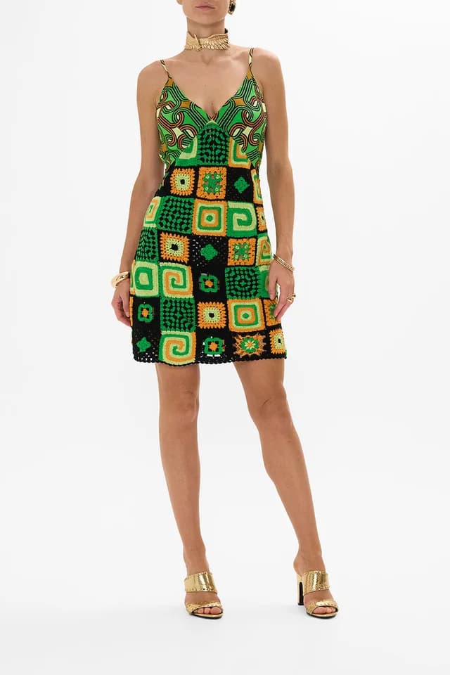 Camilla eBoutique MINI CROCHET DRESS WITH SILK TOP GOOD VIBES GENERATION, image 1 of 1 from CAMILLA