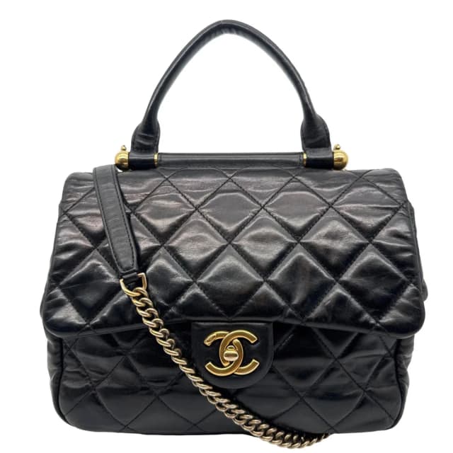 Chanel Gold Bar Top Handle Flap Medium Quilted Calfskin Leather Shoulder Bag Black in Black Calfskin from Dallas Designer Handbags, photo 1 of 1