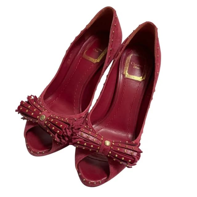 Dior Tassel Ribbon Open Toe Suede Pumps Pink Heels in Pink Suede from The Reluxe, photo 1 of 1