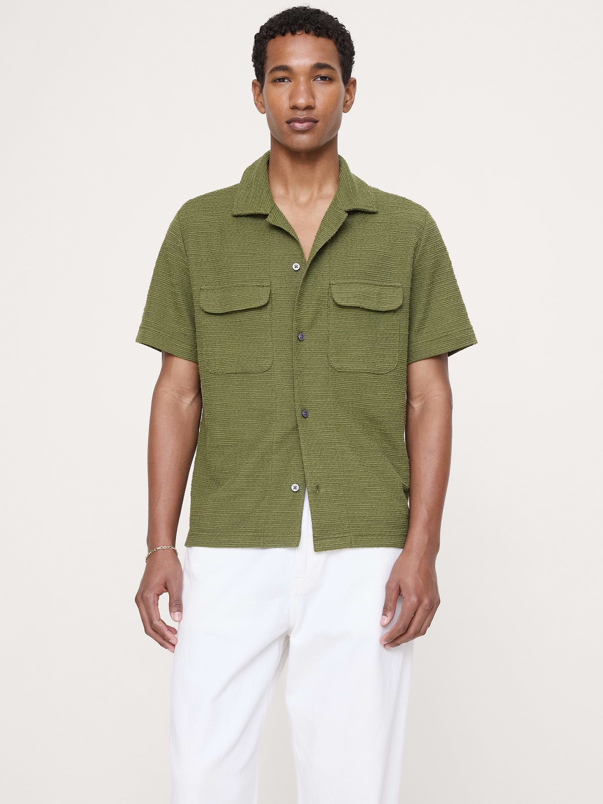 Banana Republic Textured Knit Resort Shirt in Winter Moss Green, image 1 of 1 from Banana Republic (Canada)