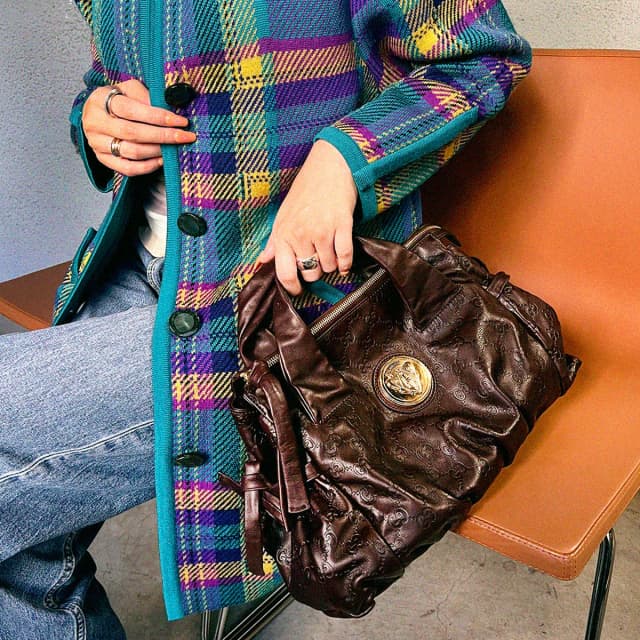 Gucci G-Shima pattern logo plate handbag dark brown from VINTAGE QOO TOKYO, photo 1 of 1