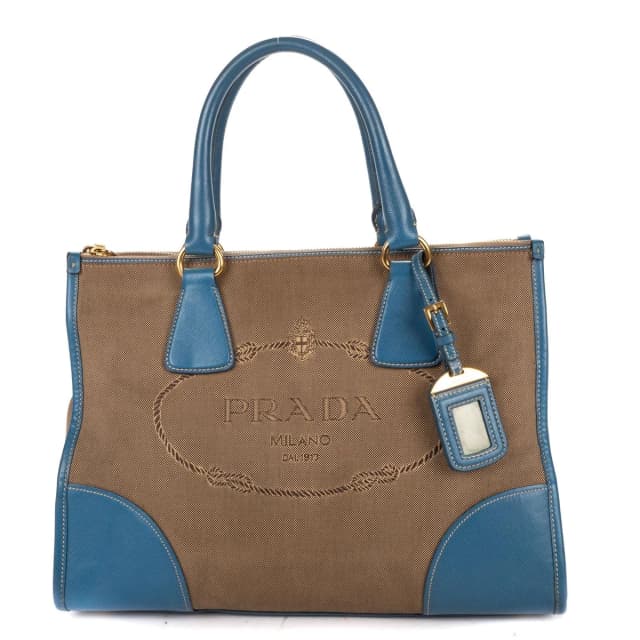 Prada Saffiano Trimmed Tote Bag Beige Blue Floral Canvas in Beige Saffiano leather from The Reluxe, photo 1 of 1
