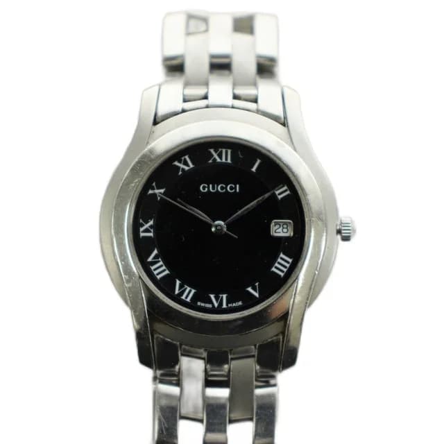 Gucci Watch Analog 3 Hand Round Face Quartz Black Dial Silver in Black from The Reluxe, photo 1 of 1