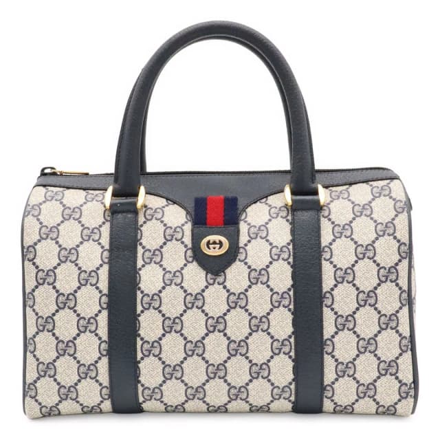 Gucci Vintage GG Plus Sherry Line Mini Boston Bag Leather Beige Navy 116.02.006 in Beige Leather from The Reluxe, photo 1 of 1