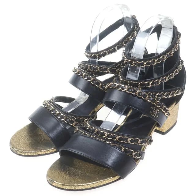 Chanel Open Shoes CC Logo Shu Heels Leather Sandals Chain Black Gold in Black Leather from The Reluxe, photo 1 of 1