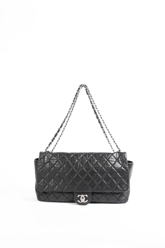 2000s Chanel Black Aged Calfskin Coco Rain Jumbo Single Flap Shoulder Bag in Black Calfskin from Break Archive, photo 1 of 1