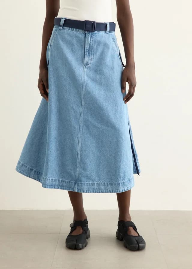 The North Face Women's Flared Denim Maxi Skirt in Light Indigo Denim Wash, image 1 of 1 from Incu