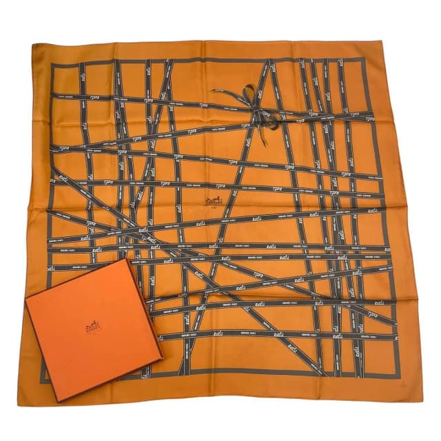 Hermès Scarf Carre 90 Bolduc Ribbon Pattern Orange in Orange Silk from The Reluxe, photo 1 of 1