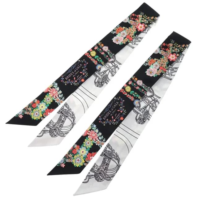 Hermès Twilly 2 Point Set Brides de Gala en Fleurs 08 Silk Black White Scarf in Black Silk from The Reluxe, photo 1 of 1