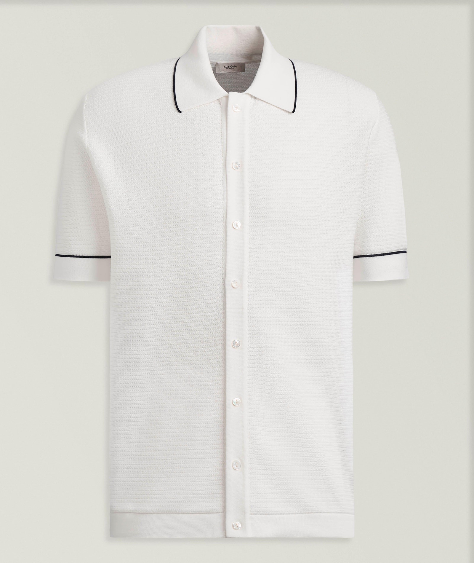 Agnona Tipped Full-Button Textured Polo in White Cotton & Cotton Blends, image 1 of 1 from Harry Rosen