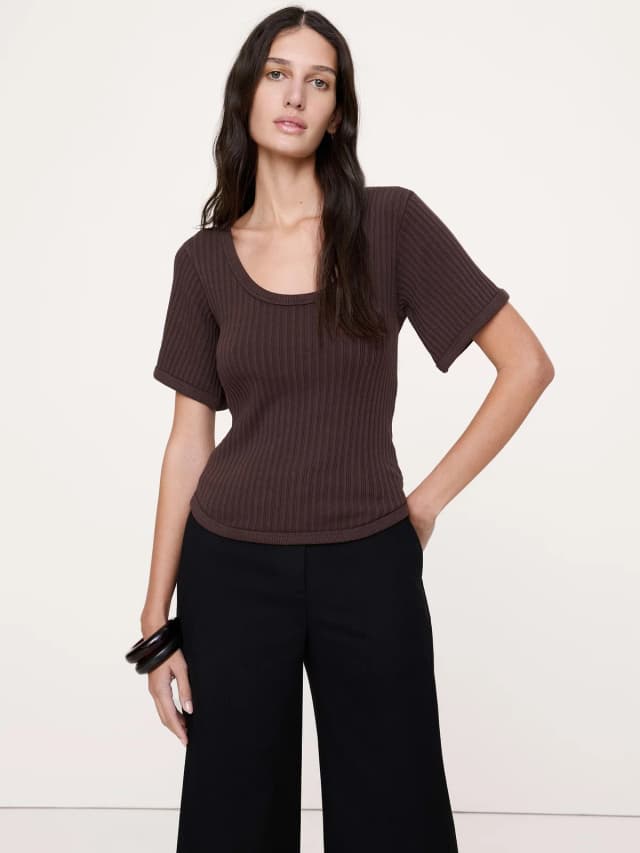 Banana Republic Ribbed Stretch-Cotton Scoop-Neck T-Shirt in Dark Chocolate Brown, image 1 of 1 from Banana Republic (Canada)