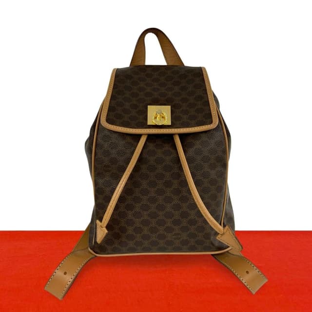 Celine Vintage Macadam Blason Triomphe Pattern Logo Ring Leather Backpack Brown in Brown Leather from The Reluxe, photo 1 of 1