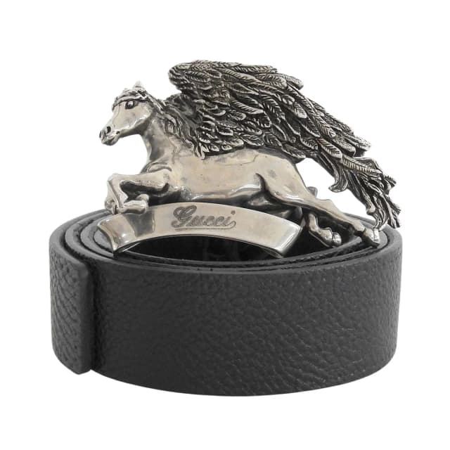Gucci Pegasus Buckle Leather Belt Black Silver in Black Leather from The Reluxe, photo 1 of 1