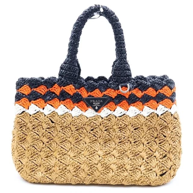 Prada Triangle Logo Basket Bag Handbag Black Brown Orange Raffia in Black Raffia from The Reluxe, photo 1 of 1