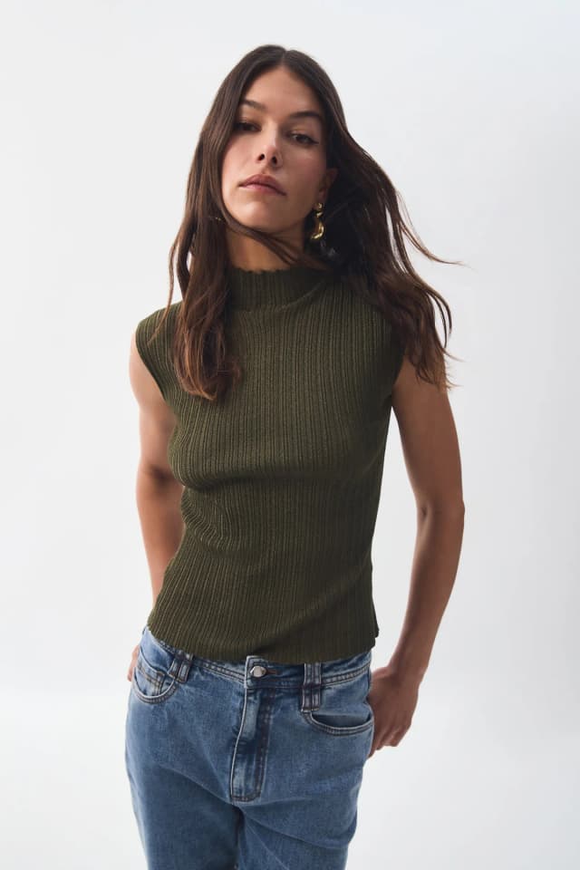 AJE Leandra Knit Skivvy in METALLIC KHAKI, image 1 of 1 from Aje
