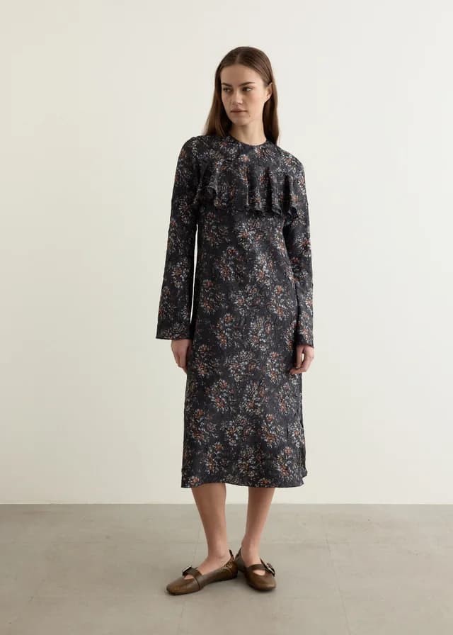 Ganni Shibori Pleat Midi Longsleeve Ruffle Dress in Black 099, image 1 of 1 from Incu
