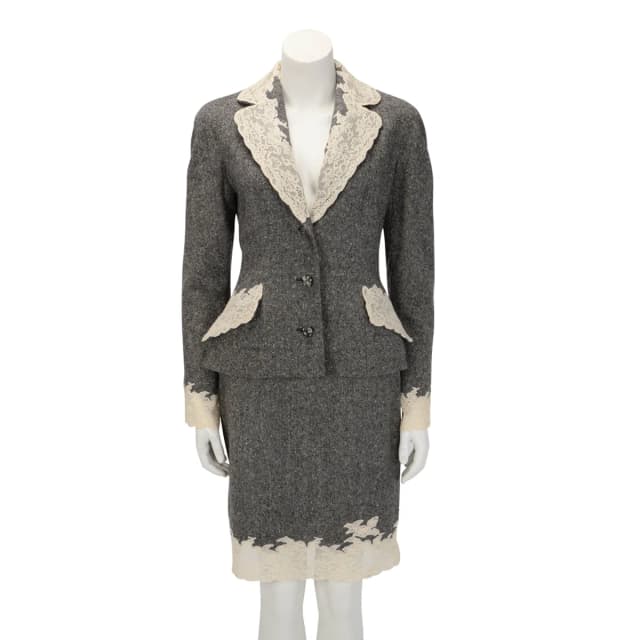 Dior Wool Tweed Lace Trim Jacket & Skirt FR 40 in Grey Tweed from Blue Spinach, photo 1 of 1