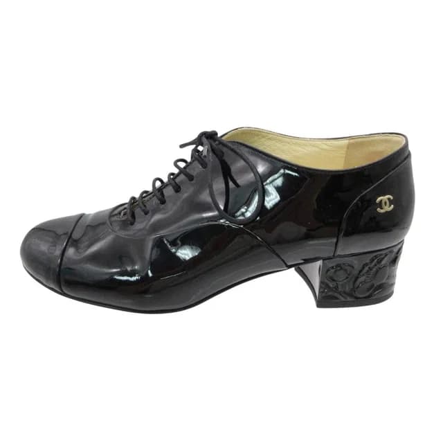 Chanel Loafers Patent Leather Shoes Heels Camellia Design Logo Black 36C in Black Patent leather from The Reluxe, photo 1 of 1
