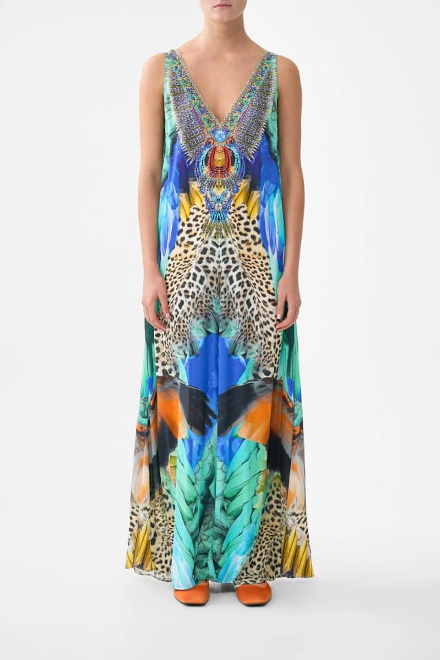 Camilla eBoutique V NECK FLARED JUMPSUIT JUNGLE FLIGHT, image 1 of 1 from CAMILLA