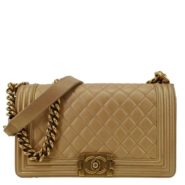 Chanel Boy Flap Old Medium Quilted Leather Crossbody Bag Gold in Gold Leather from Dallas Designer Handbags, photo 1 of 1