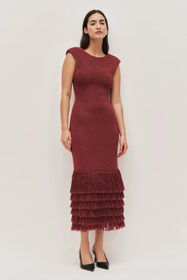 AJE Breeze Knit Midi Dress in PLUM, image 1 of 1 from Aje
