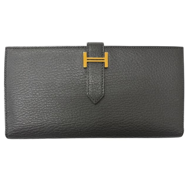 Hermès Bearn Soufflet Chevre Logo Gold Wallet Leather Black in Black Goatskin from The Reluxe, photo 1 of 1
