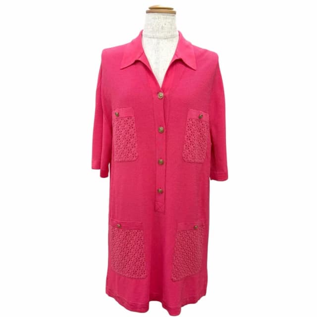 Chanel 21P CC Logo Button Long Short Sleeve Polo Shirt Pink Gold 34 in Pink from The Reluxe, photo 1 of 1