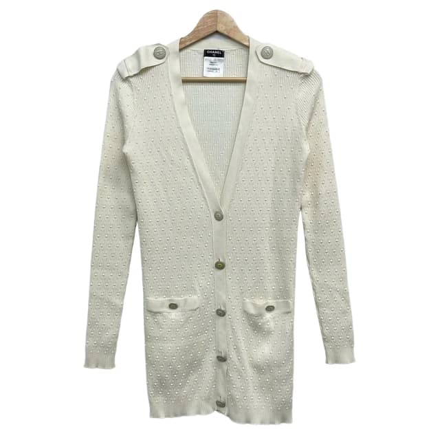 Chanel Cardigan 34 S White Long Sleeve CC Logo Tag One Side Resewn in White from The Reluxe, photo 1 of 1