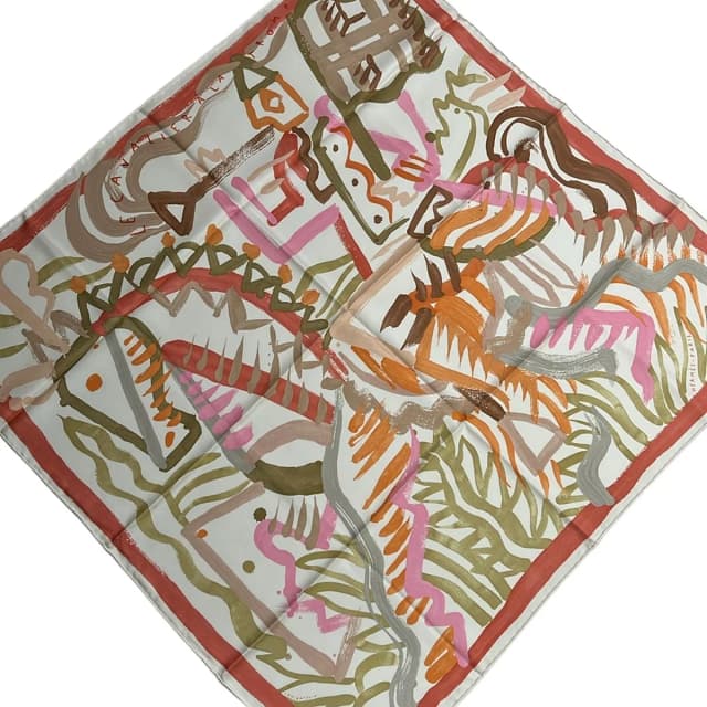 Hermès Scarf Carre 90 Ivory Pink Multi le Cavaliere a la Trompette in White from The Reluxe, photo 1 of 1
