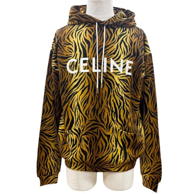 Celine Cotton Tiger Pattern Logo Print Hooded Pullover Hoodie Brown Black in Black from The Reluxe, photo 1 of 1