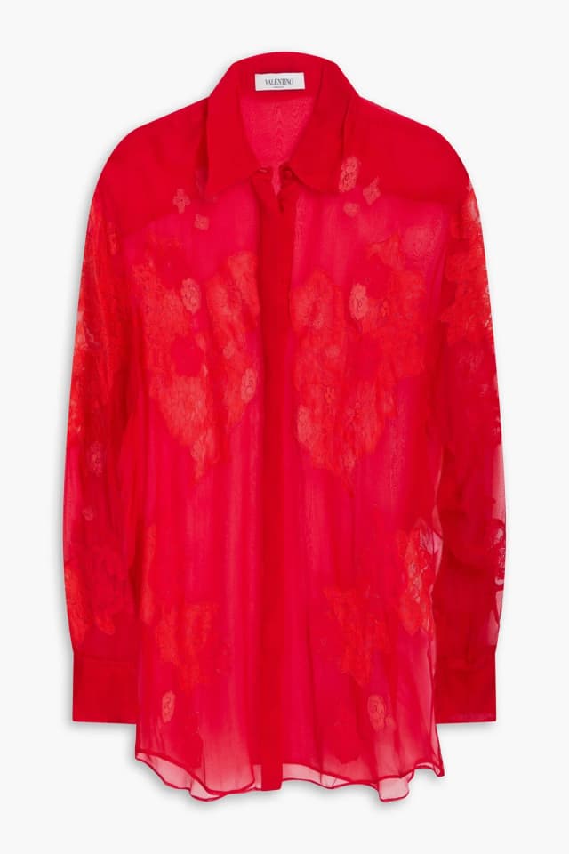 Valentino Garavani Corded Lace-Paneled Silk-Chiffon Shirt in Red, image 1 of 1 from THE OUTNET