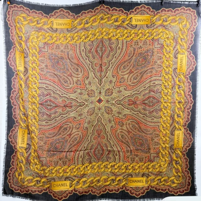 Chanel Chain Paisley Pattern Large Shawl 48% Cashmere 52% Silk Black Gold in Black Silk from The Reluxe, photo 1 of 1