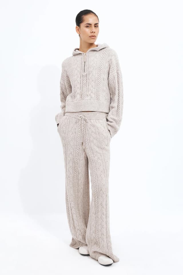 Athletica Wide Leg Cable Knit Pant in NOUGAT MARLE, image 1 of 1 from Aje
