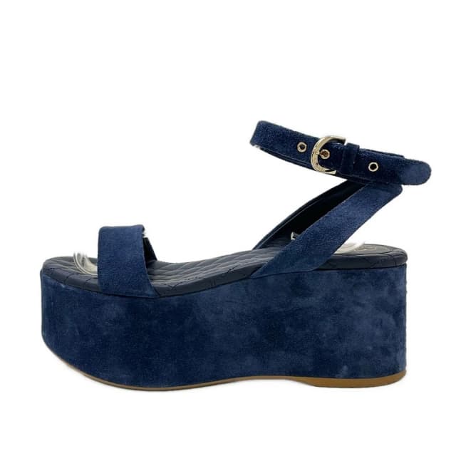 Chanel Sandals Navy Wedge Sole Gold CC Logo in Navy Suede from The Reluxe, photo 1 of 1