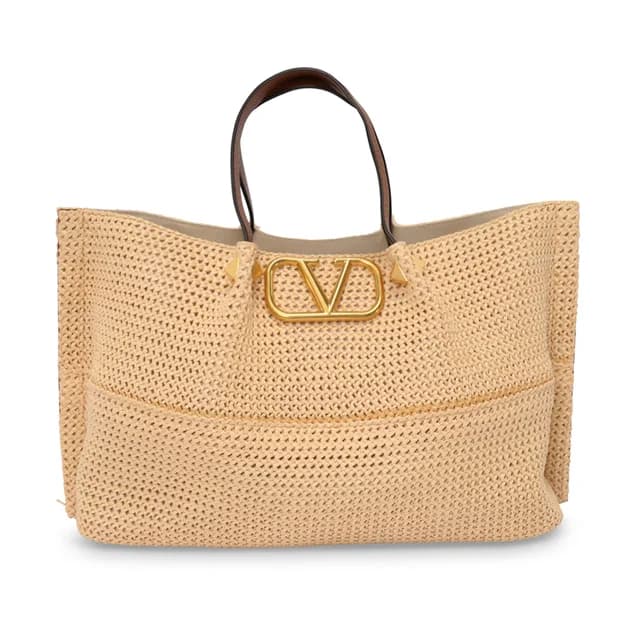 Valentino Garavani & Raffia Medium Rockstud VLogo Tote in Tan Calfskin from Blue Spinach, photo 1 of 1