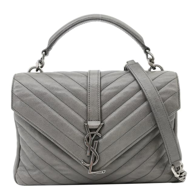 Saint Laurent Monogram College Matelasse Chevron Leather Chain Shoulder Bag Grey in Grey Leather from Dallas Designer Handbags, photo 1 of 1